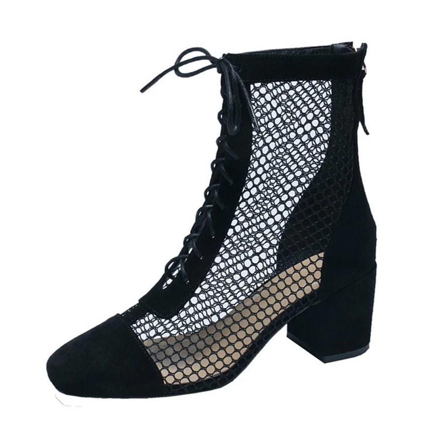 Summer Roman Lace Up Shoes Women Sandals Sexy Mesh Cut-Outs Pointed Toe High Heels Woman Black Kid Suede Ladies Long Short Boots