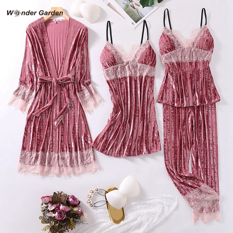 Wonder Garden Fshion Velvet Pajamas Set Woman Warm Sleepwear Letter Printing Casual Three-piece Suit Fall Winter Belt Nightwear