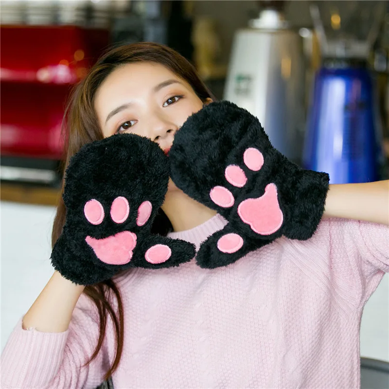 Cat\'s paw cute plush thickened mittens winter female fleece full finger plus velvet Korean version of furry Japanese soft girl