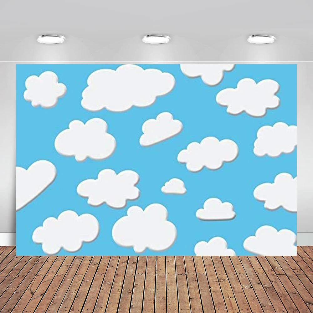 

Cartoon Baby Shower White Clouds Blue Backdrop Photography Background Birthday Party Baby Kids Boys Photo Portraits Room Banner