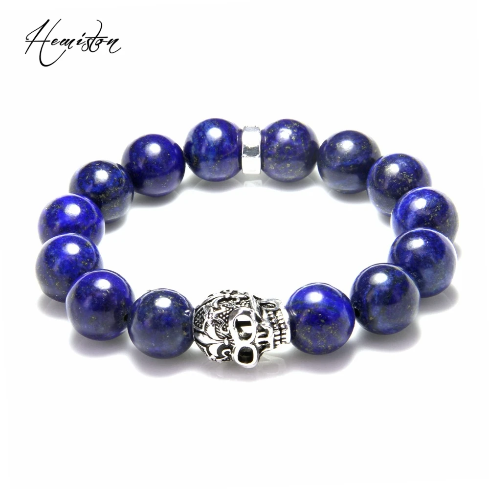 12MM Ts Style BIG LAPIS LAZULI AND SKULL with LILY DESIGN BEADS ELASTIC BRACELET, Rebel Heart Style Natural Stone Bracelets