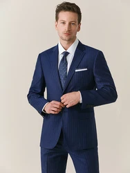 100% 130S Wool Suit Set Men Groom Wedding Dress Clothing Deep Blue Stripe Slim Style Single Breasted Business Man Formal Wear 44