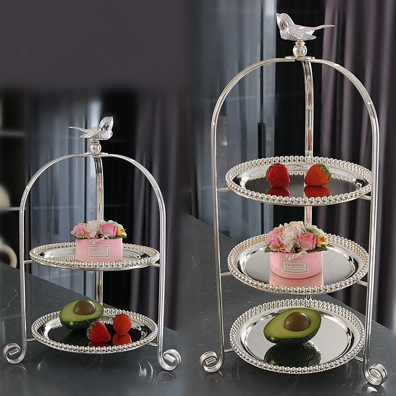 Creativity Silver Bird Decorative Food Tray Nordic Modern Plating Craft Metal Ceramic Three Layers Cake Dessert Storage Tray