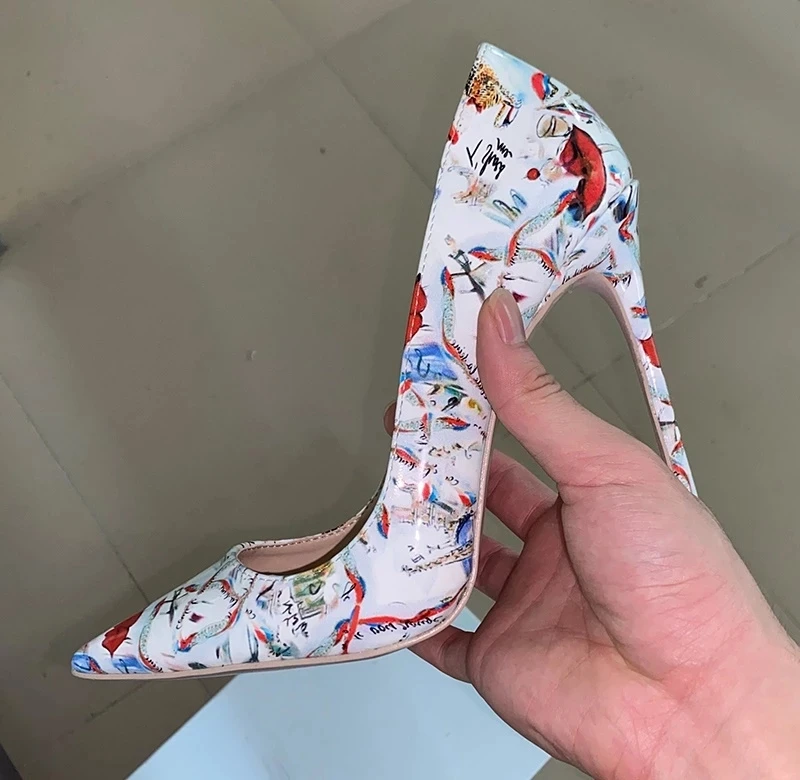 Sexy Red Lips Tower Printed Stiletto Heels Pumps Multi-Color Floral Wedding Female Colorful Dress Shoes 12cm 10cm 8cm Heels