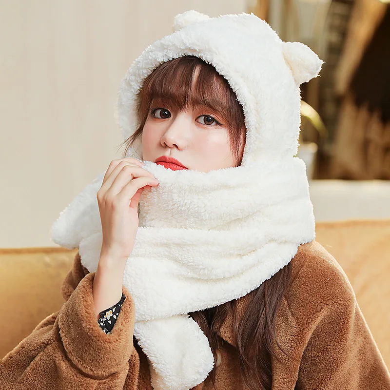 

3 Colors Fashion New Fall Winter Warm Velvet Bear Hooded Scarf Women Hat Lady Outdoor Cold Protect Scarves Cap Party Gift H25