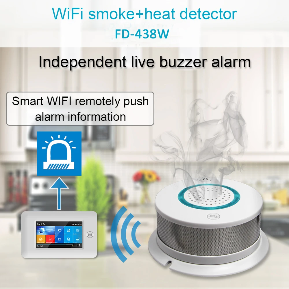 Frete grátis app controle remoto wifi fumaça + calor sem fio detector de fumaça de incêndio detector de fumaça sensível sensor de equipamentos de incêndio