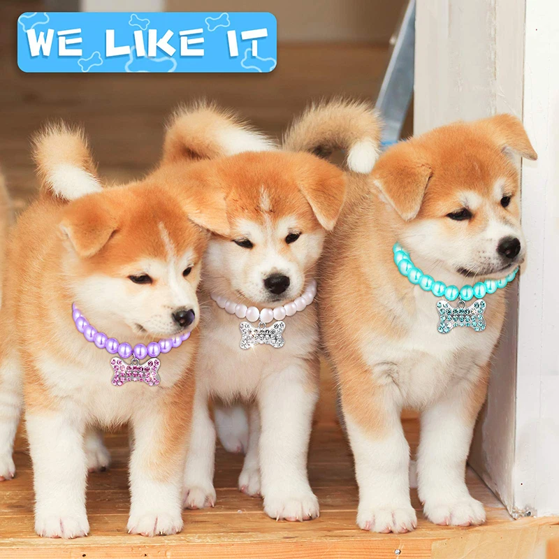 Benepaw Fashion Small Dog Pearl Necklace with Bone Rhinestone Pet Collar Adjustable Neck Strap for Puppy Cat Party Wedding