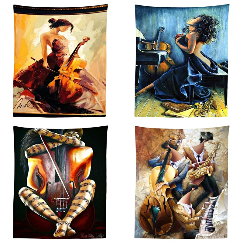 Romantic Female Painting Violinist Women Playing Musical For The Love Of Music Saxophone Sheet Music Jazz Art Blue Tapestry