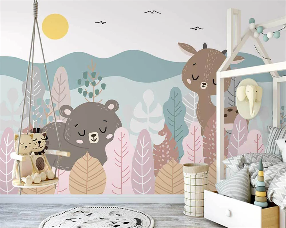 

beibehang Custom modern new Nordic hand-painted pink jungle animal children's room background papel de parede wallpaper