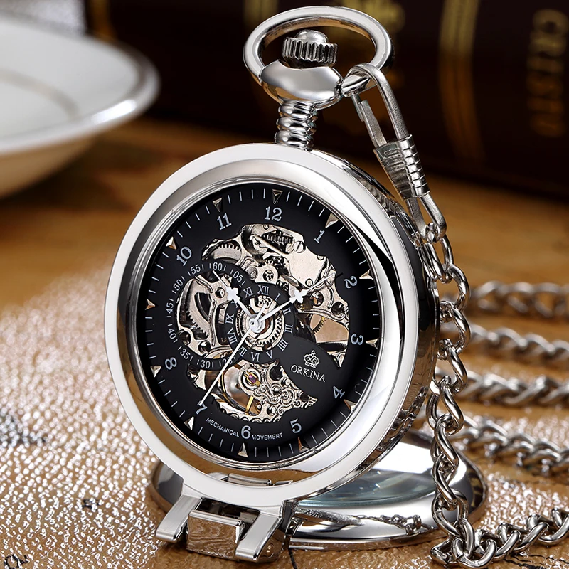 Luxus Edelstahl Männer Vintage Taschenuhr Skeleton zifferblatt Silber Hand Wind Mechanische Männliche Fob Kette Anhänger Uhr Uhren