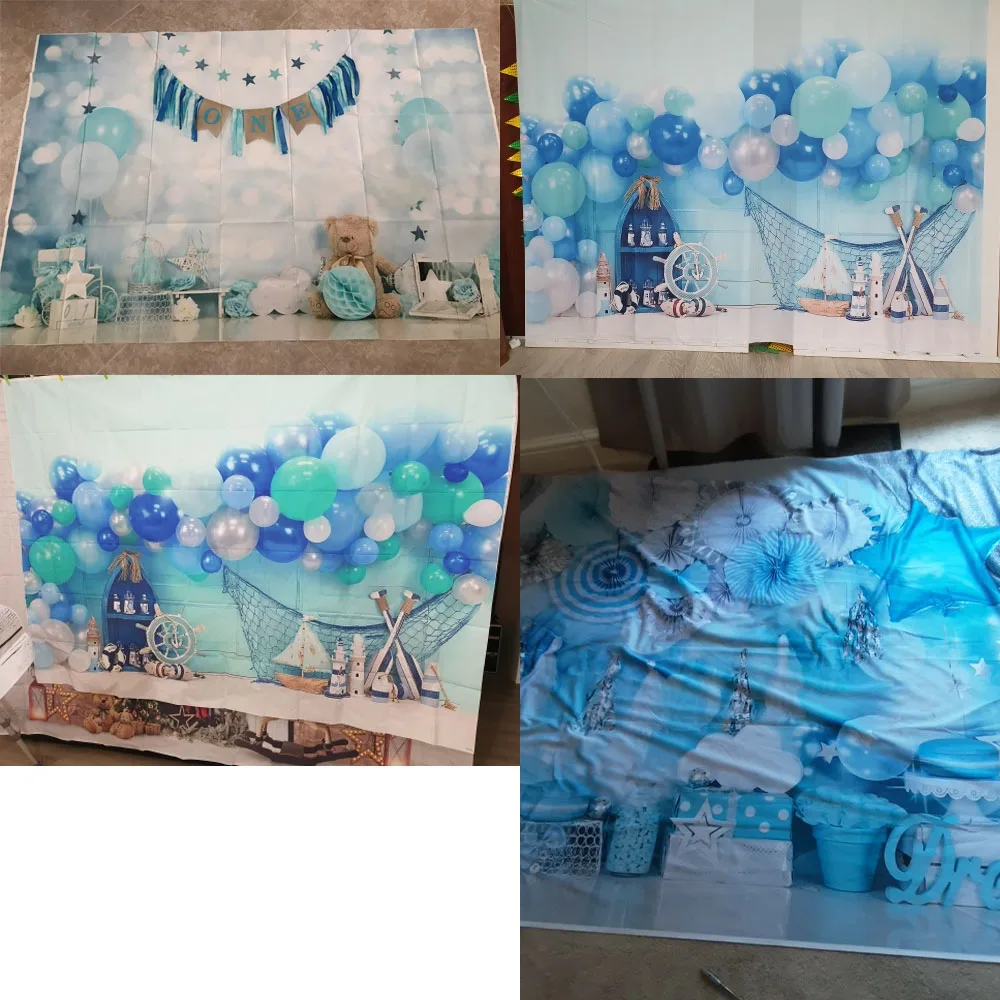 Фон для студийной фотосъемки новорожденных с изображением голубых воздушных шаров медвежонка звезд