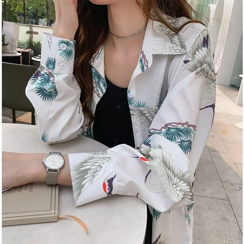 Fashion Woman 2021 Blouses Crane Tunic Print Long Sleeve Turn-Down Collar Ladies Chiffon Shirts Tops Blusas Mujer Plus Size