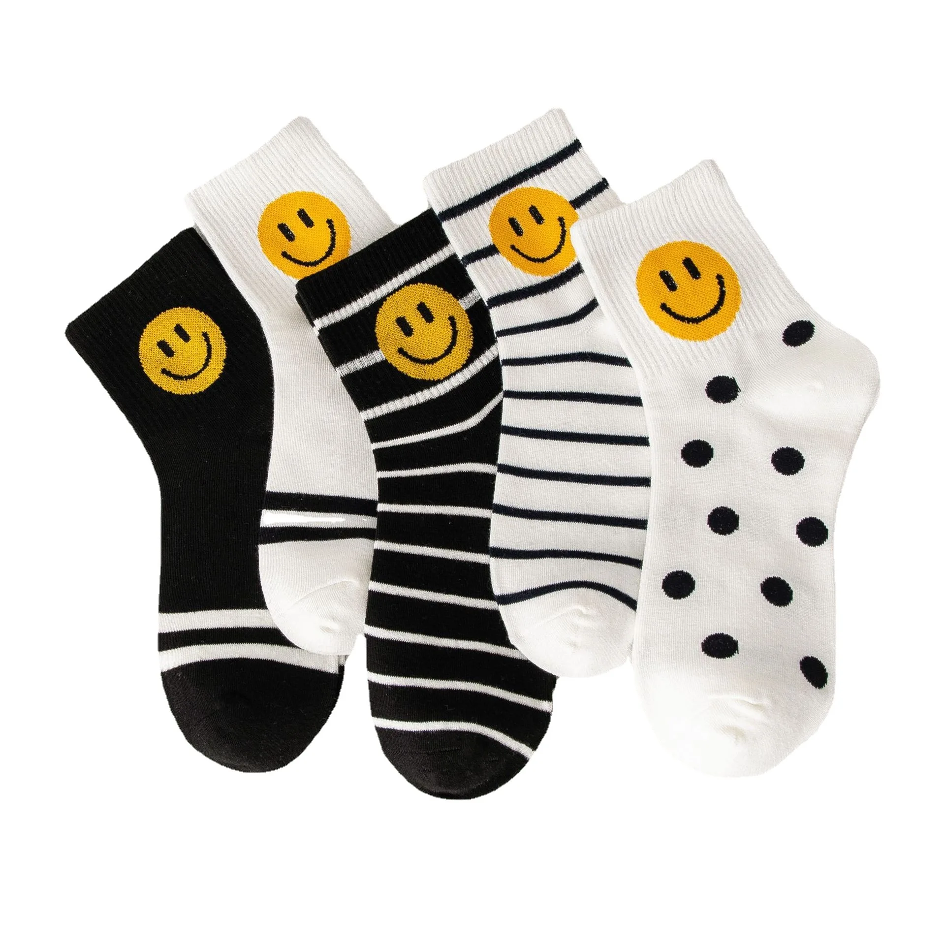 5 pairs Black and White Smiley Face Breathable Mid-Calf Female Cotton Socks