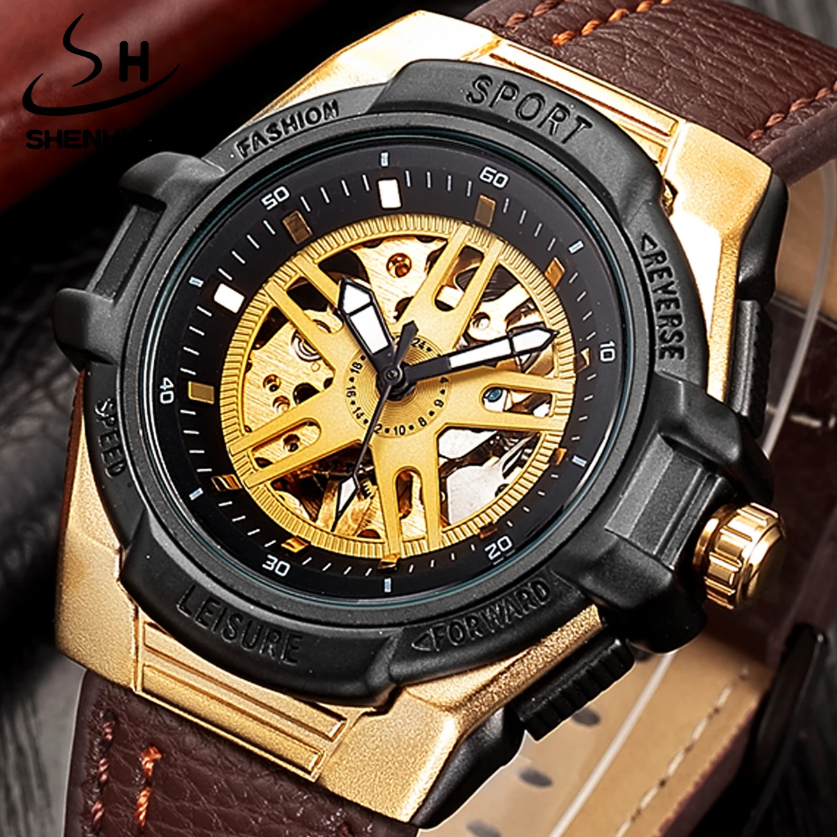 

SHENHUA Luxury Waterproof Vintage Special Pattern Genuine Leather Bracelet Men Sport Leisure Automatic Mechanical Hollow Watches