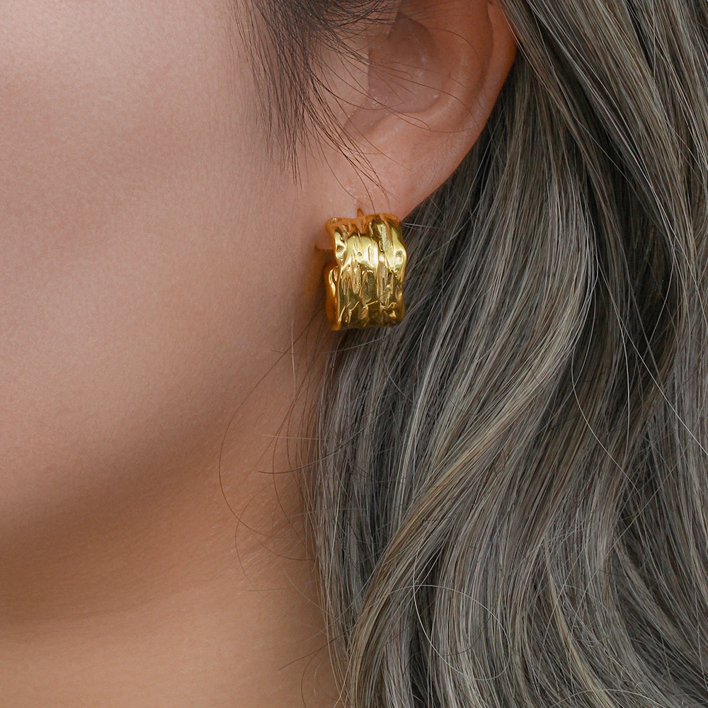 E.B.belle 2024Trendy Tin Foil Wide Gold Plated Hoop Earrings For Women Titanium Steel Ladies Minimalist Basic Gold Hoops Jewelry