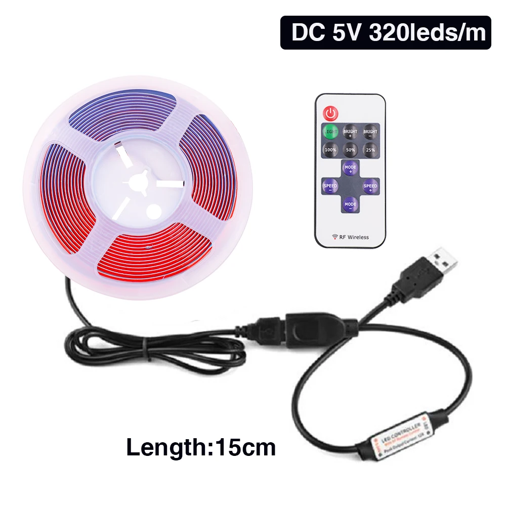USB COB LED Strip Dimmable 5V 320LEDs/m Warm White/Natural White/White COB LED Tape With 11Keys RF Remote Control Dimmer 0.5m-5m