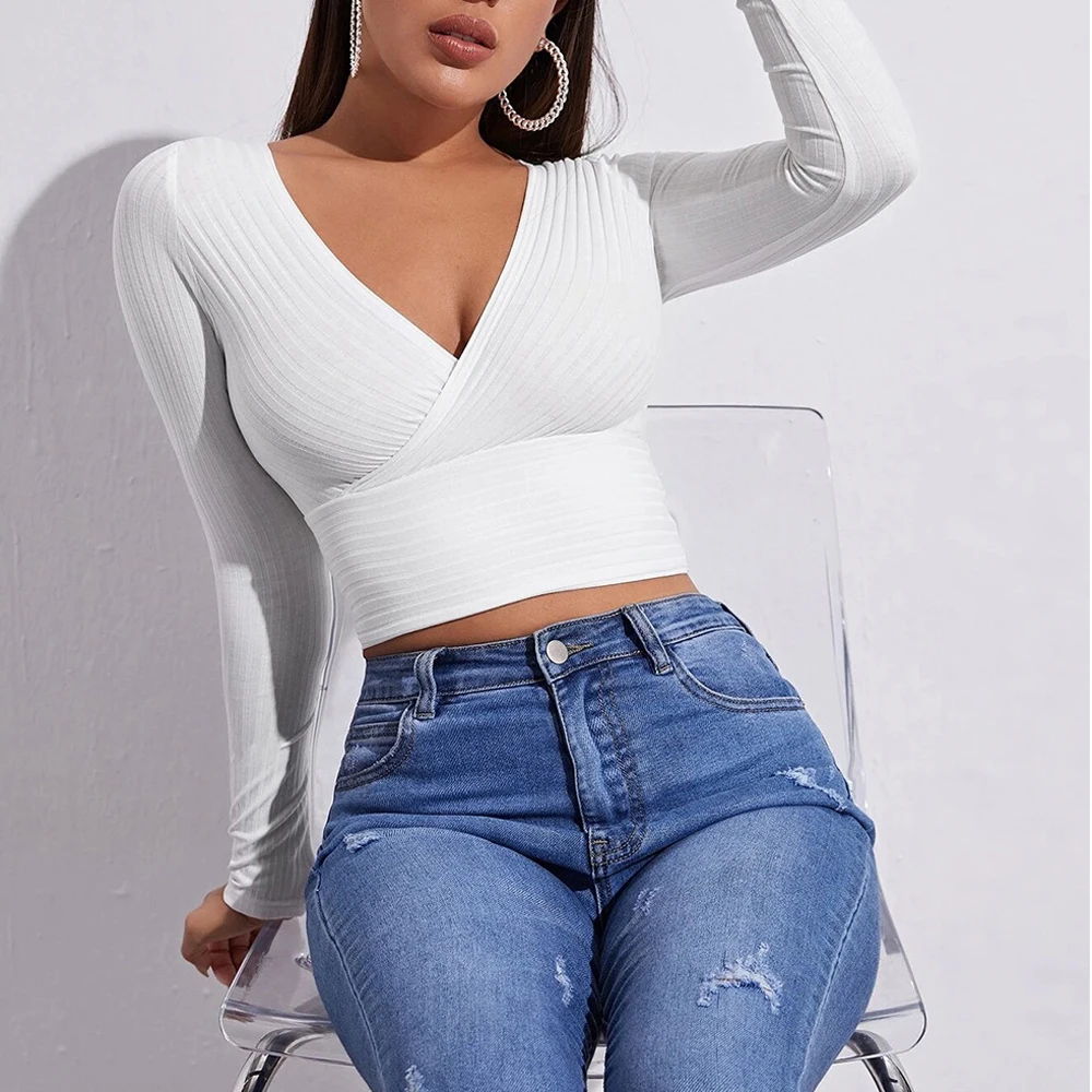 Women Basic Y2k Deep V-Neck Crop Top Sexy Long Sleeve Rib Knit Fashion Female Tee AM3468