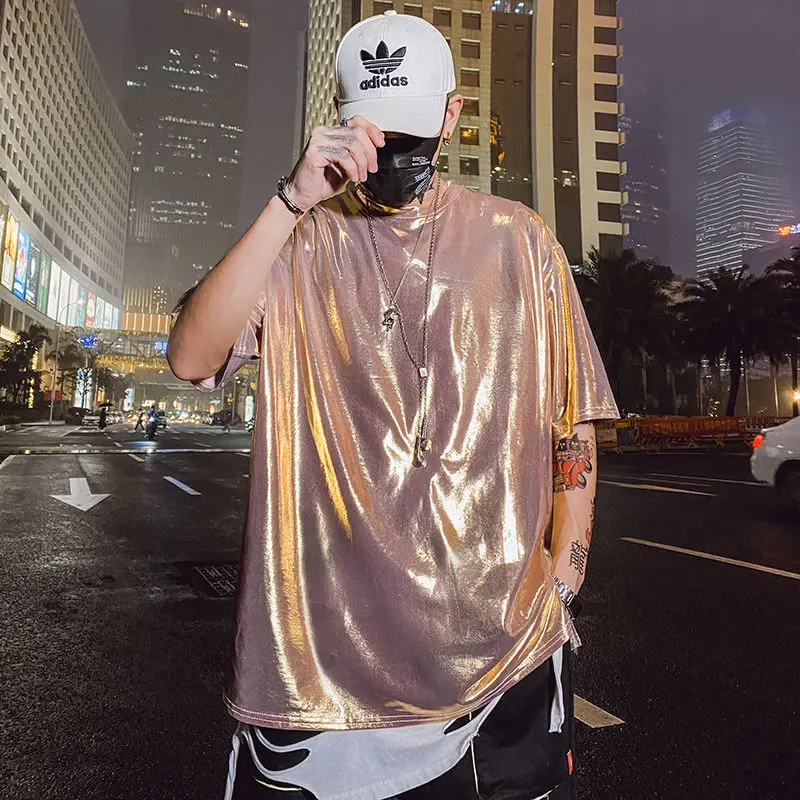 VERSMA Korean Chic Summer Silver Glossy T-shirt Men Women Hip Hop Reflective Sequin Rock Punk Oversized Men T-shirt Dropshipping