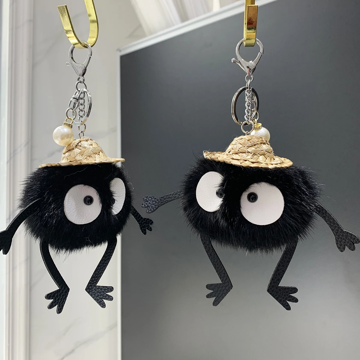 Real Mink Fur Fluffy Keychain Kids Men Women Bag Purse Charm Accessories Cute Funny Black Coal Briquettes Pendant