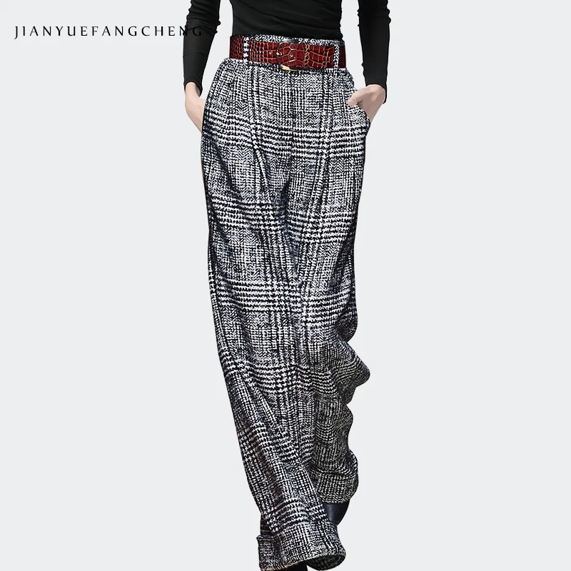 

Fashion Plaid Women Woolen Wide Leg Pants 2021 Winter Long Trousers High Waist Straight Loose Plus Size Female Casual Bottoms