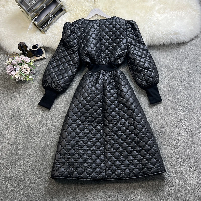 French style winter vintage quilted puff sleeve princess dress women slim a-line warm dress