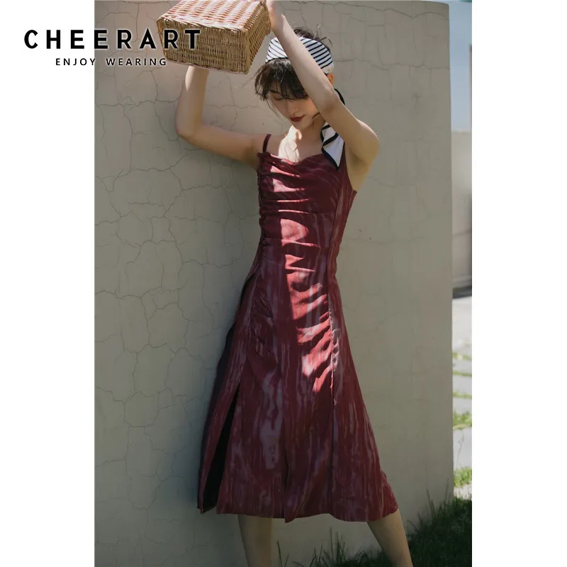 

CHEERART Tie Dye Red Long Midi Slip Dress Women Backless Fit And Flare Ruched Spaghetti Strap Slit Dress Summer 2020 Fashion