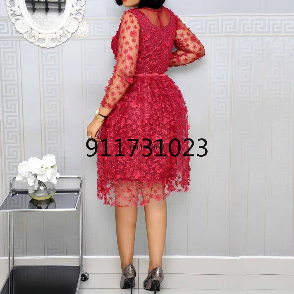 African Women Clothing Shiny Red A Line High Waist Belted Sexy Mesh Patchwork Ladies Party Wedding Evening Vintage Midi Dress