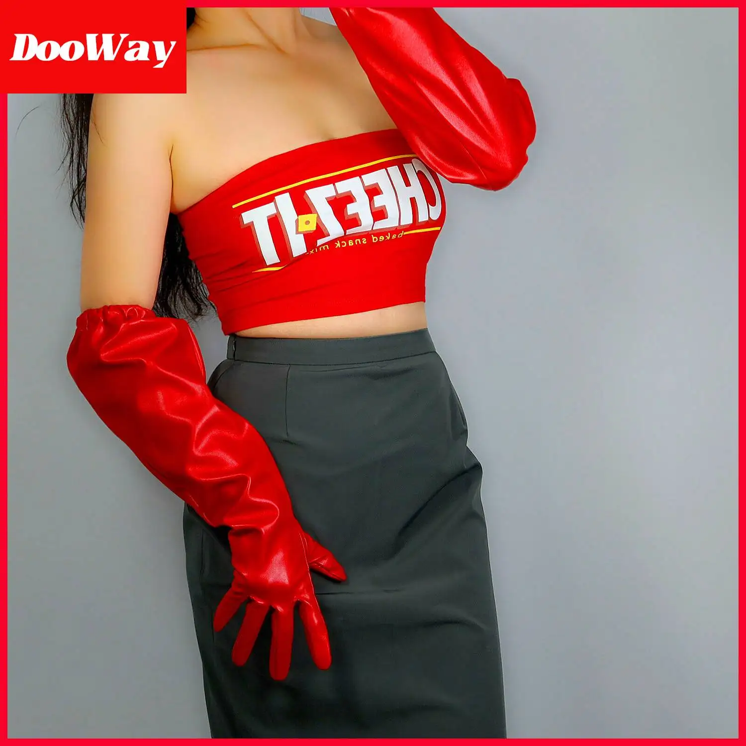 DooWay Women Red Leather Long Evening Gloves Faux Latex Oversize Large Loose Sleeve Elastic Trimmed Elbow Length Halloween Party