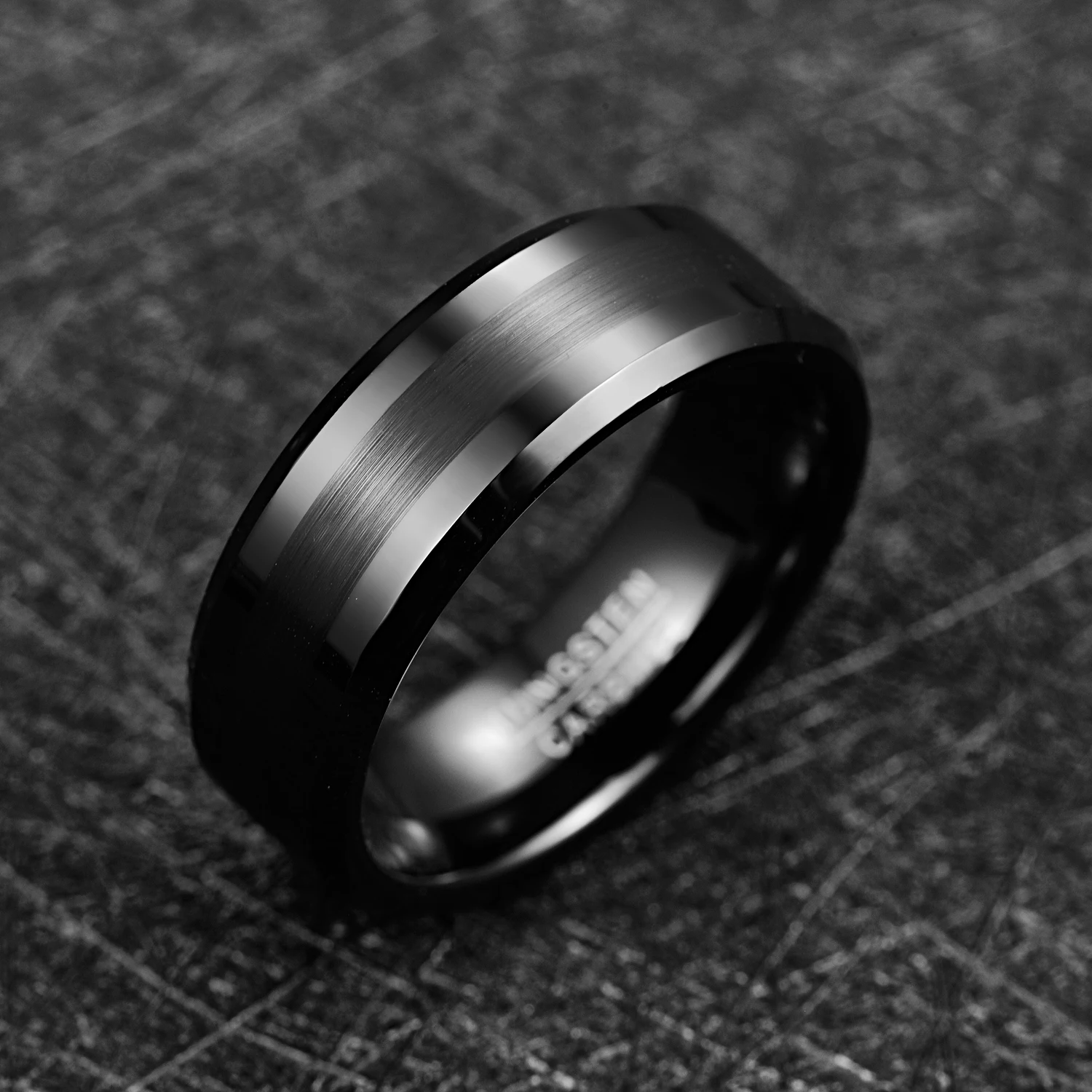 NUNCAD 8mm Tungsten Carbide Black Wedding Engagement Band Brushed Center Men\'s Ring Beveled Edge Comfort Fit Size 7-12 T018R