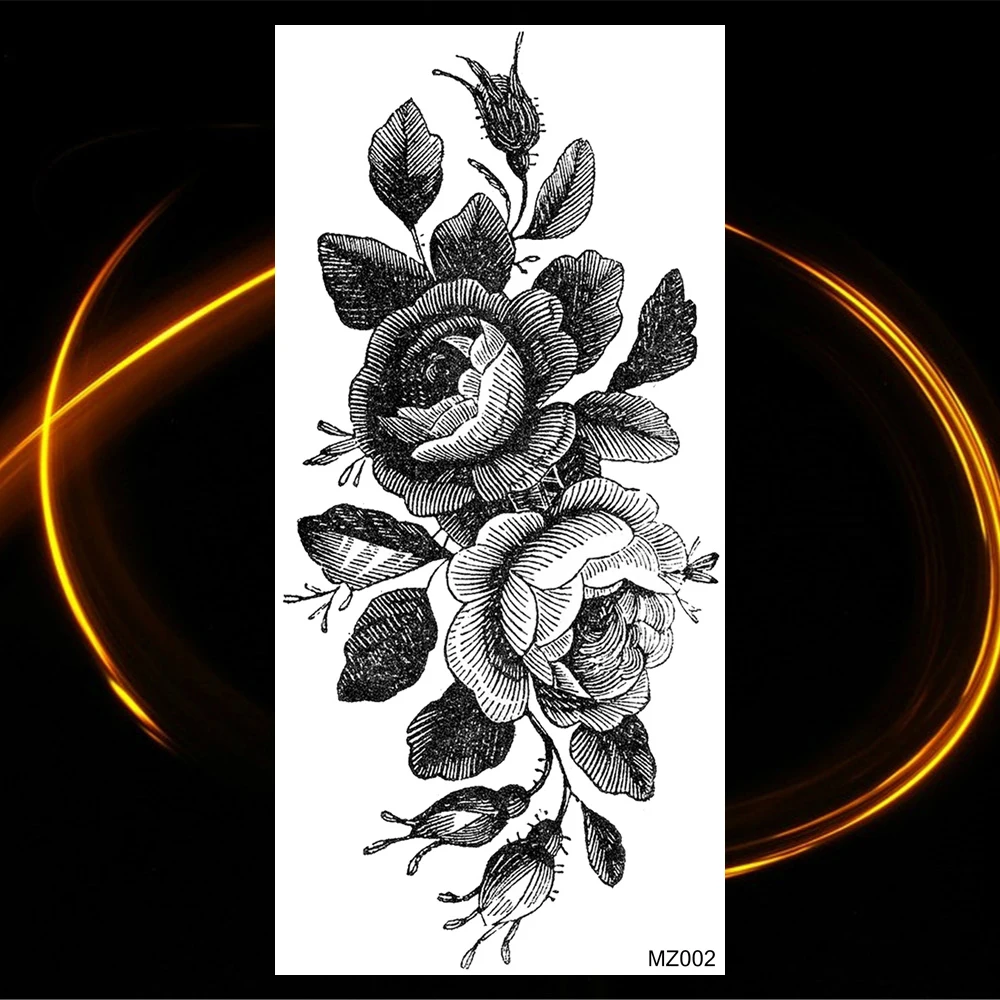 Black Realistic Rose Flower Temporary Tattoos For Women Adult Girl Peony Realistic Fake Tattoowashable Half Sleeve Tatoos Decal