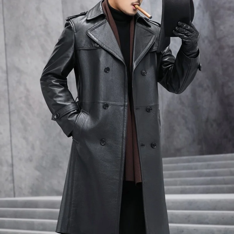 Genuine Brand Leather Cowhide Trench Coat Men Autumn Winter Office Double Breasted Windbreaker Business Long Jackets Oversize4XL