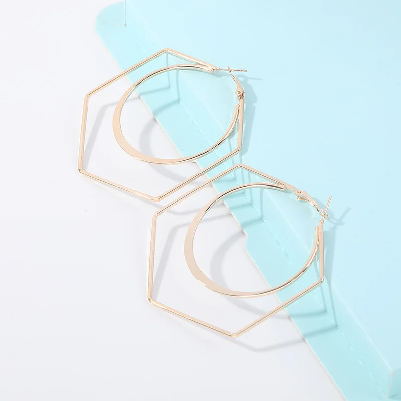 Big Hexagon Hoop Earrings for Women Exaggerated Hollow Geometric Statement Earrings Gold Color Metal Hoop Earrings pendientes