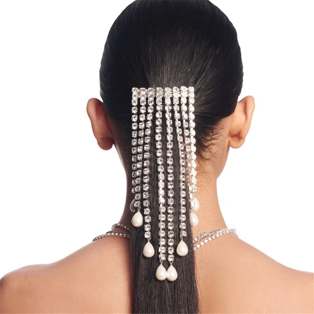 Luxury Rhinesotne Ponytail Long Tassel Hair Chain Accessories Headwear for Women Pearl Crystal Hair Pin Head Chain Jewelry