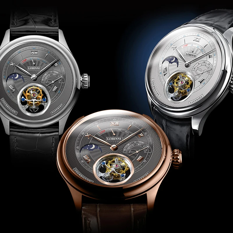 LOBINNI ريال توربيون ساعة اليد الفاخرة رجالي حركة النورس الساعات الميكانيكية رجل الأيدي ساعة دليل ساعات الرياح