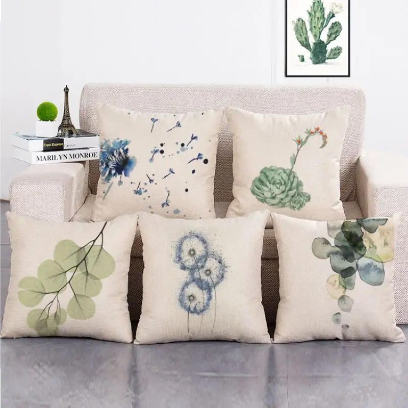 

Linen Digital Printed Pillowcase Green Plant Cushion Decorative Pillow Home Decor Sofa Throw Pillow 45*45cm