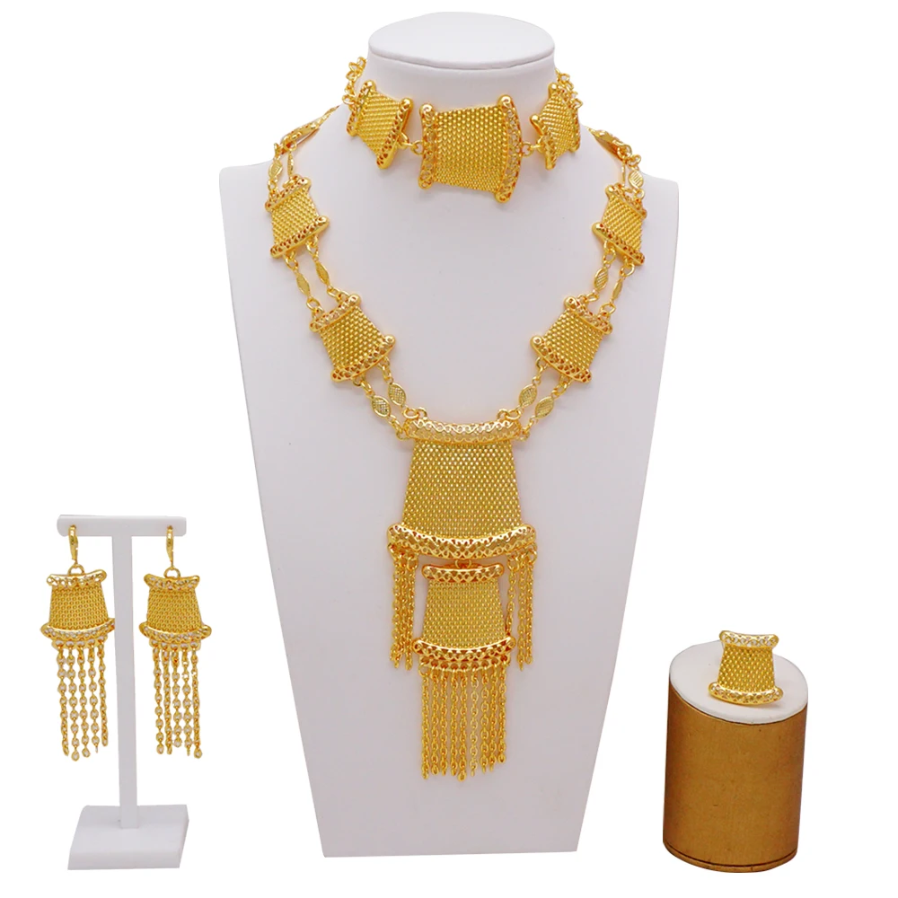 Luxury Dubai Jewelry Gold Color Arabic Ethiopian African Wedding Gifts Bridal Bracelet Necklace Earrings Ring Jewellery Set