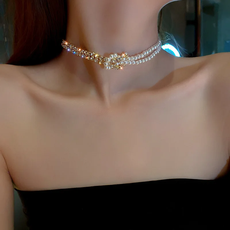 FYUAN Korean Style Pearl Crystal Choker Necklaces for Women Clavicle Chain Rhinestone Necklaces Statement Jewelry