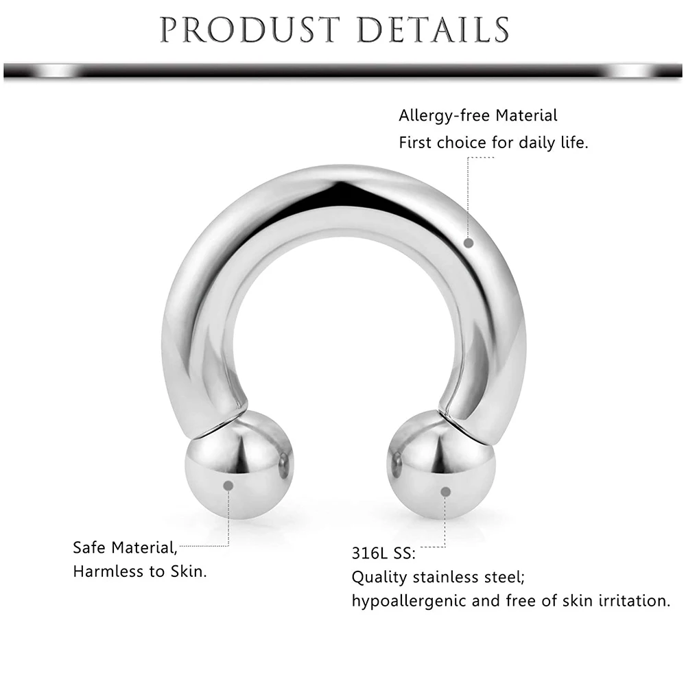 1PC Stainless Steel Large Size Straight Barbell Internal Threaded Big Gauge Horseshoe Rings Captive Bead Ring Earring Piercing