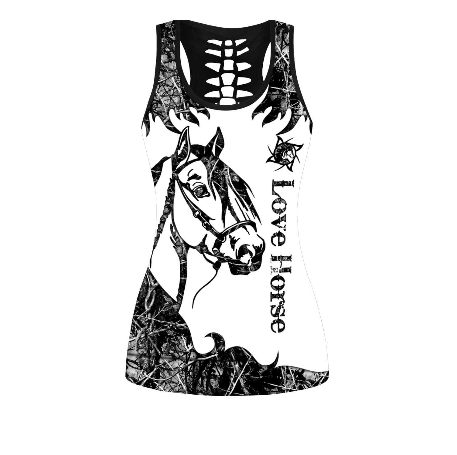 Love Horse Black Tattoo 3D Printed Hollow Tank Top & Leggings Set Fitness Female Full Length Leggings Running Pants DDK72