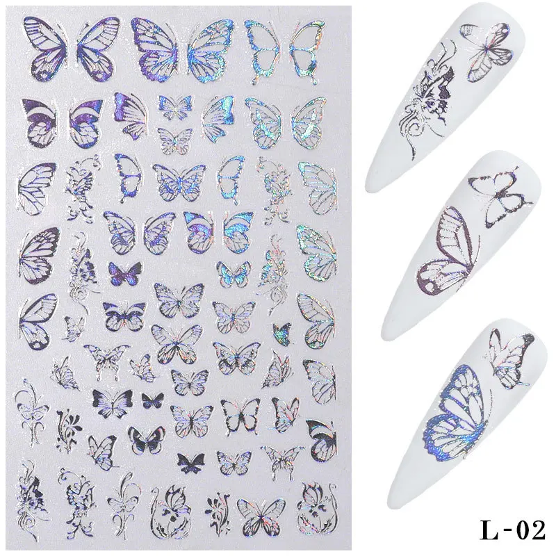 Nail Stickers 1Sheets 3D Butterfly Adhesive Sliders Colorful DIY Golden silver Nail Transfer Decals Foils Wraps Decorations