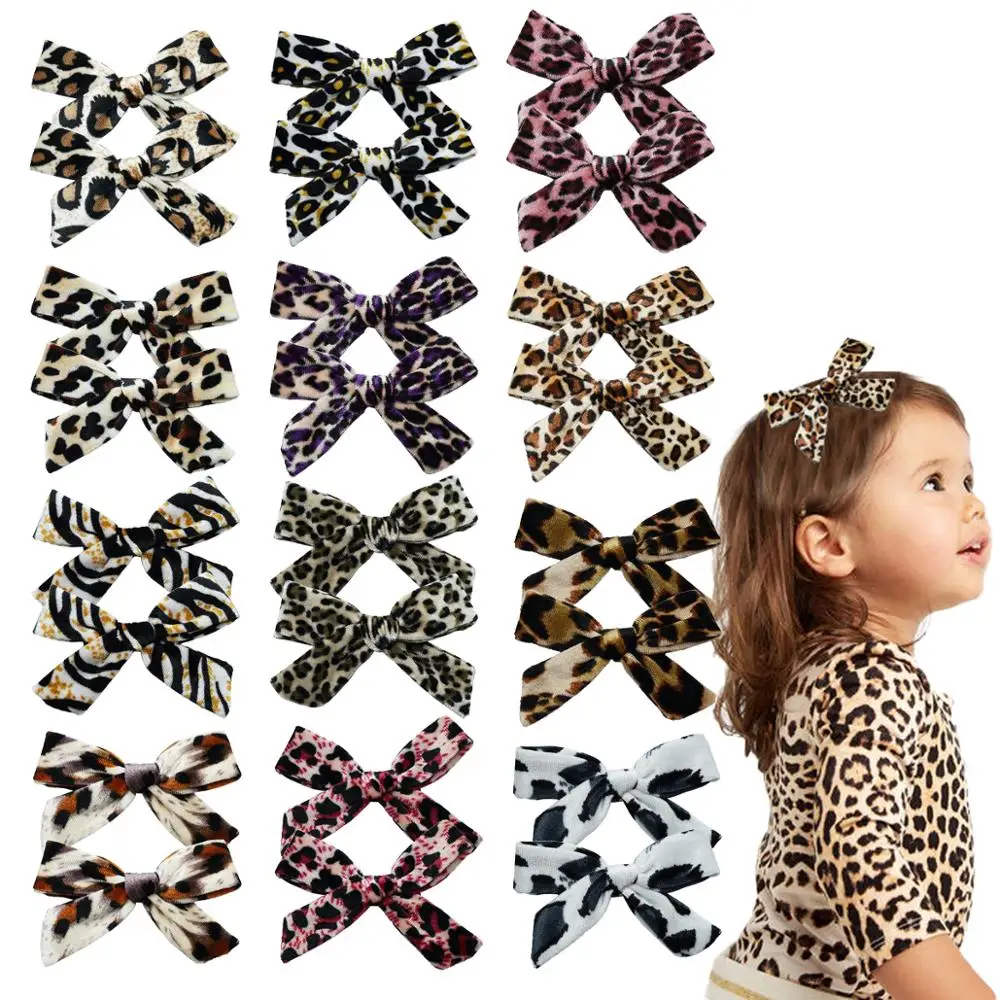 12pcs Velvet Hair Bows Clips Baby Girls 4Inch Leopard Hair Bows Alligator Hair Clips Fully Lined Hair Accessories