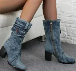 Spring autumn Denim boots for Women Mid-rise Solid color Large Size Shoes woman Slip-On Chunky Med Heels Mid-calf Boots