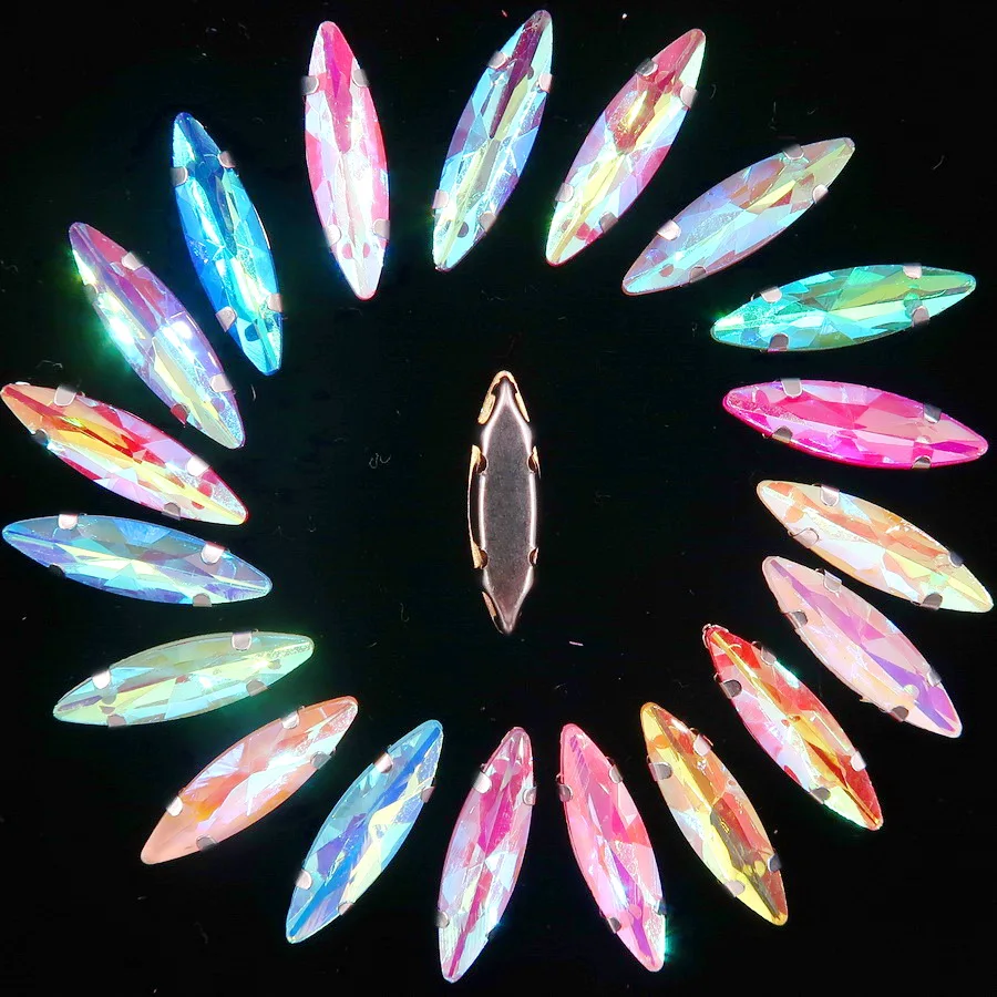 50 Stück/Beutel Silberne Krallenfassungen, schlanke Navette-Form, 4*15mm, Jelly Candy AB & Klar, zum Aufnähen auf Glas-Kristall-Strasssteinen für Schuhe, DIY – Detail 5