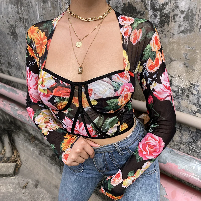 Fashon Vintage Square Collar Tops Rose Print Transparent Sexy Women Long Sleeve T Shirt Office Lady Bodycon Tees 2023 Summer New