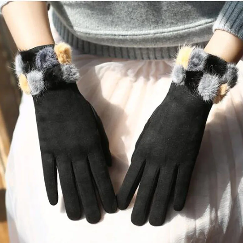 

Winter Female Warm Suede Leather Cashmere Touch Screen Glove Cute Women Faux Mink Fur Ball Velvet Full Finger Driving Mitten E29