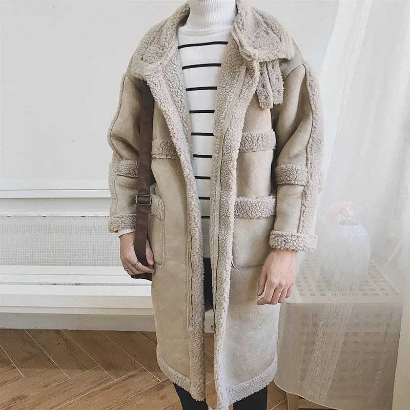 Contrast Warm Winter Jacket Immitation Lamb Fleece Trench Sherpa Men Oversizemens Coat Manteau Long Homme