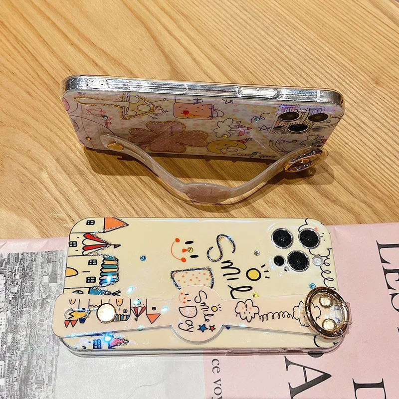 Luxury Cartoon Epoxy Suitable Case For Iphone 15 14 13 12 11 Pro Max X XS Wristband Cute Lens Protection Phone Holder Cover