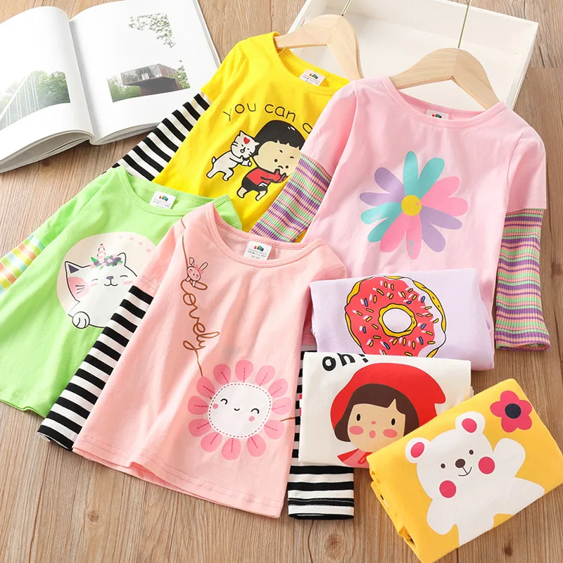 2024 Spring Autumn Fashion 2 3 4 5 6 7 8 910 Years Cute Cotton Striped Color Patchwork Cartoon Basic T-Shirt For Kids Baby Girls