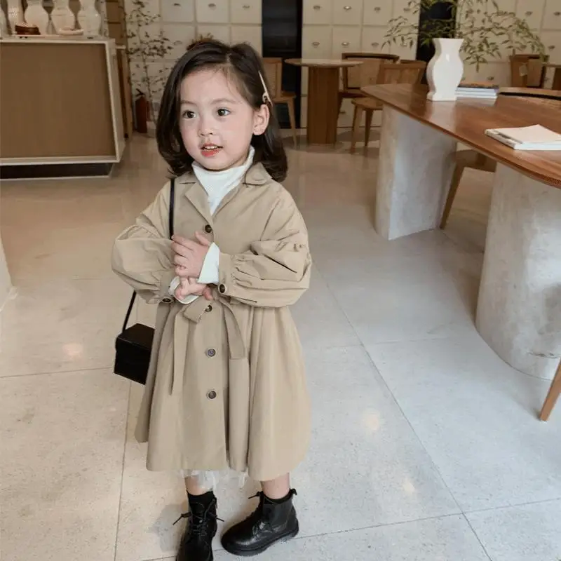 Spring Autumn Korean Fashion Children Windbreaker Jacket Kids Girls Khaki Trench Coat Outerwear Coats Princess Jackets For Girls