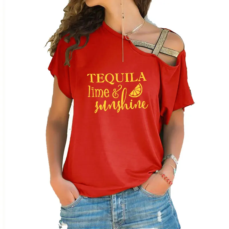 Camisetas con estampado de letras de Tequila Lime & Sunshine para mujer, camiseta de manga larga para mujer, camisetas cruzadas de madeja Irregular